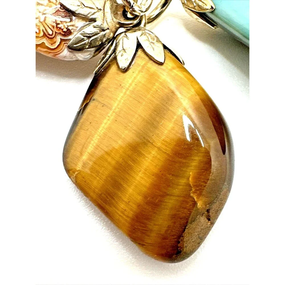 Vintage Organic Semi Precious Stone Pendant Necklace Gold Tone Dangles 30